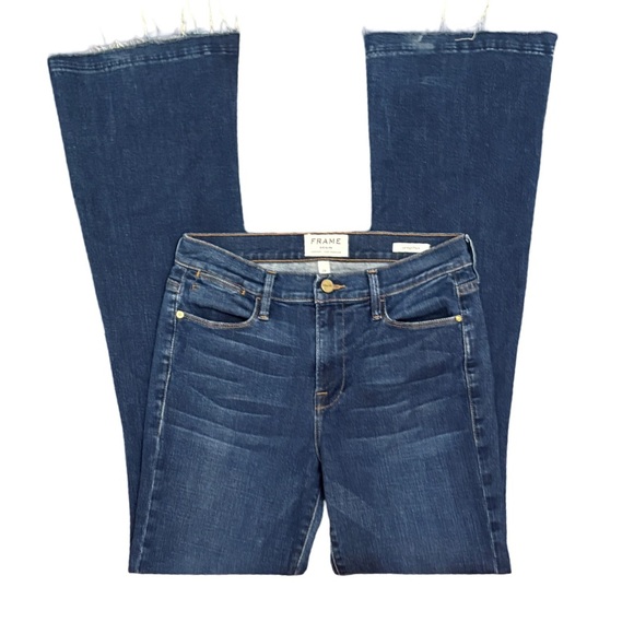 Frame Le High Flare High Rise Raw Released Fray Hem Med Blue Denim Jeans Size 28 - Picture 5 of 14
